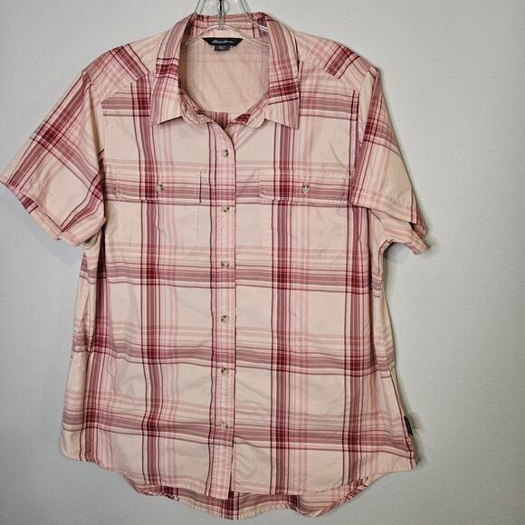 Eddie Bauer Tops - Eddie Bauer Shirt Women Size L Pink Plaid Short Sleeve Button Up Fishing Outdoor